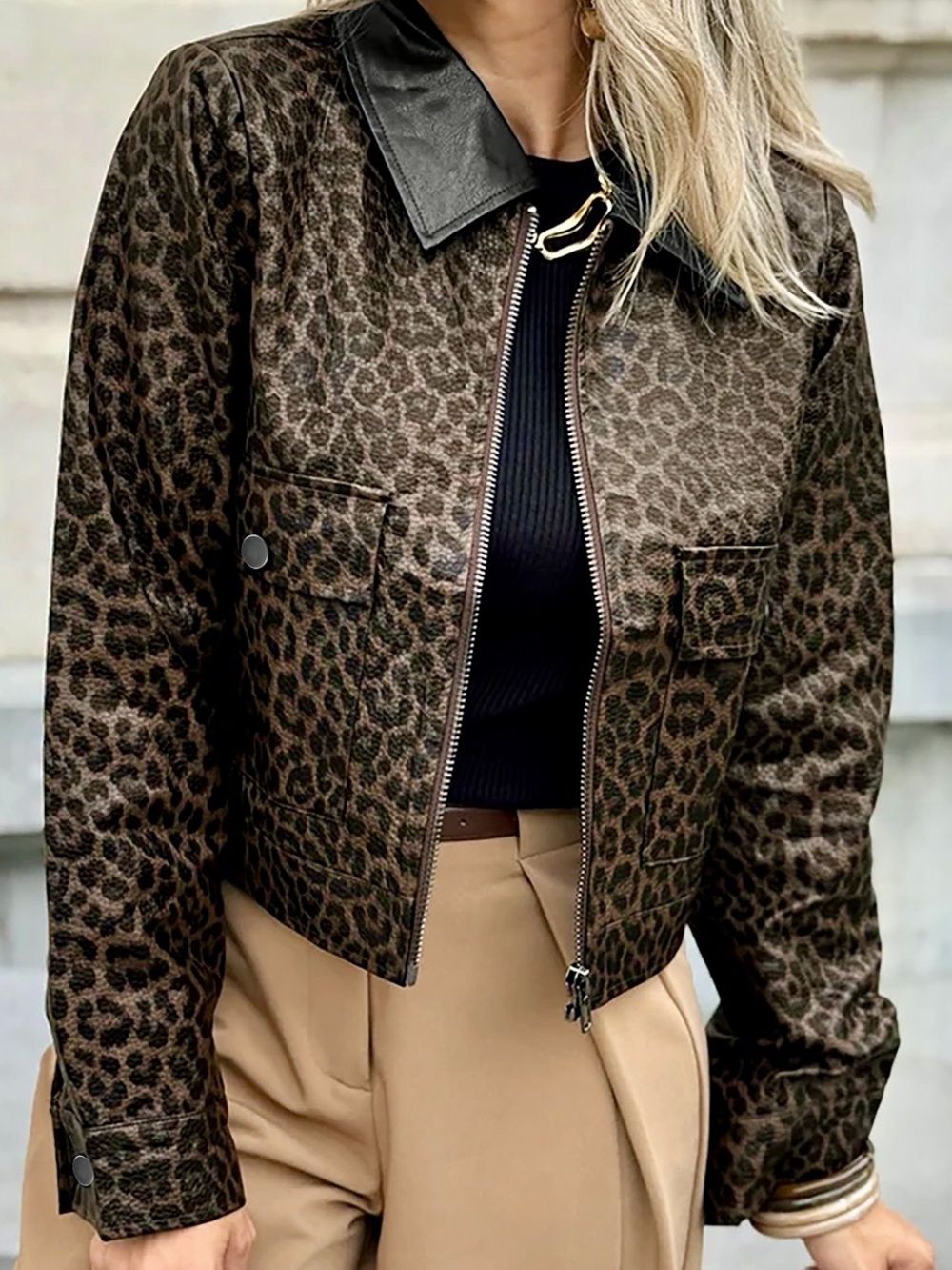 💕 Leopard Print Cropped Faux Leather Vegan Jacket with Utility Pockets-Brown